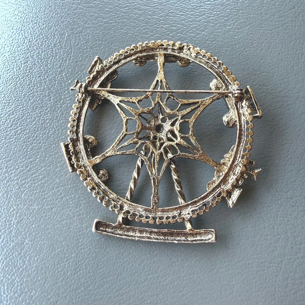 Vintage Gold Tone Ferris Wheel Brooch Carnival Amusement Park Starburst Pin 2.5